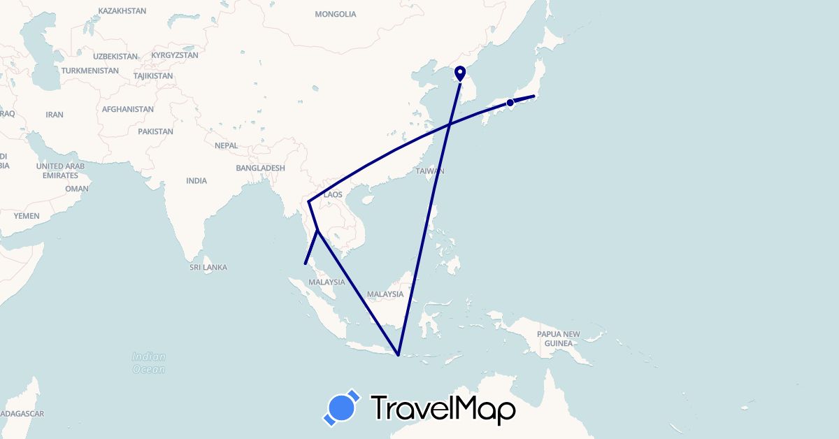 TravelMap itinerary: driving in Indonesia, Japan, South Korea, Thailand (Asia)